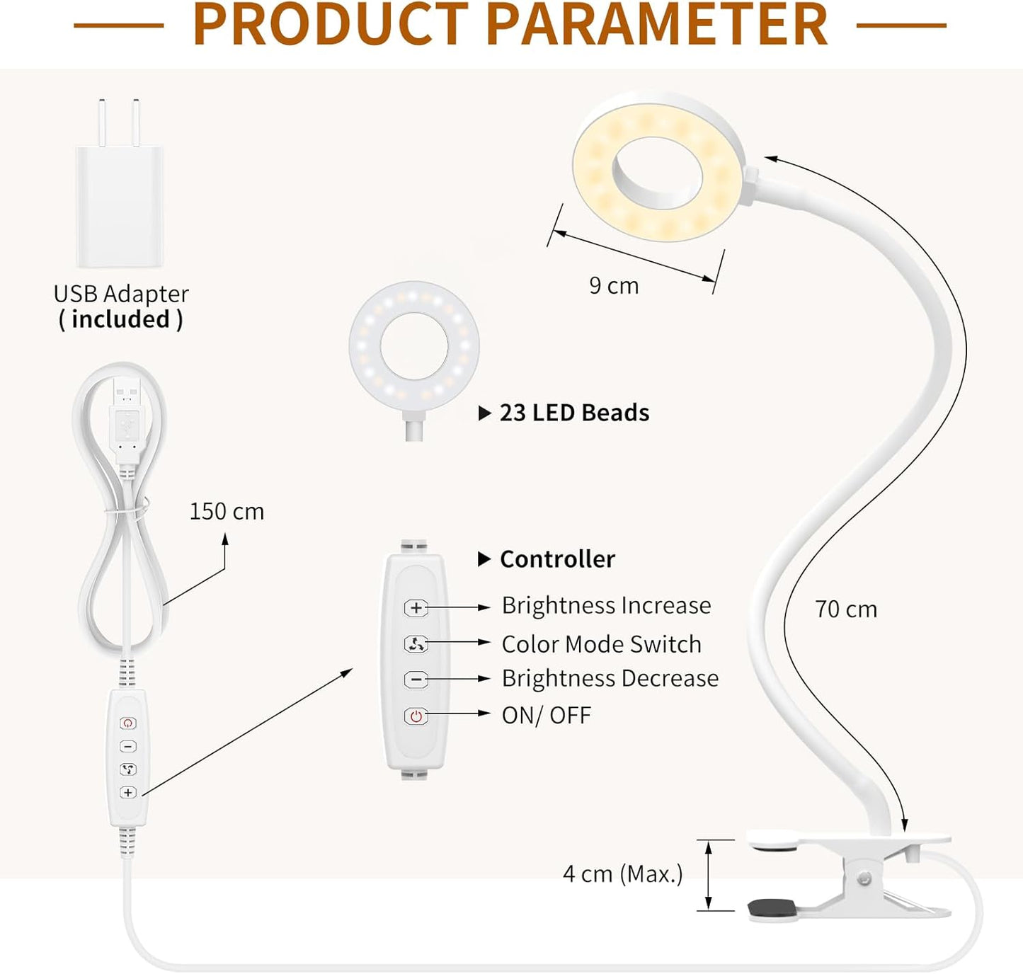 iZELL Book Light, Clip on Reading Light with Silicone Flexible Arm, Dimmable LED Lamparas Clamp on Workbench Desk for Studying Painting Crafting Drawing Makeup Nail Tech Puzzle Task - 27.6‘’ White