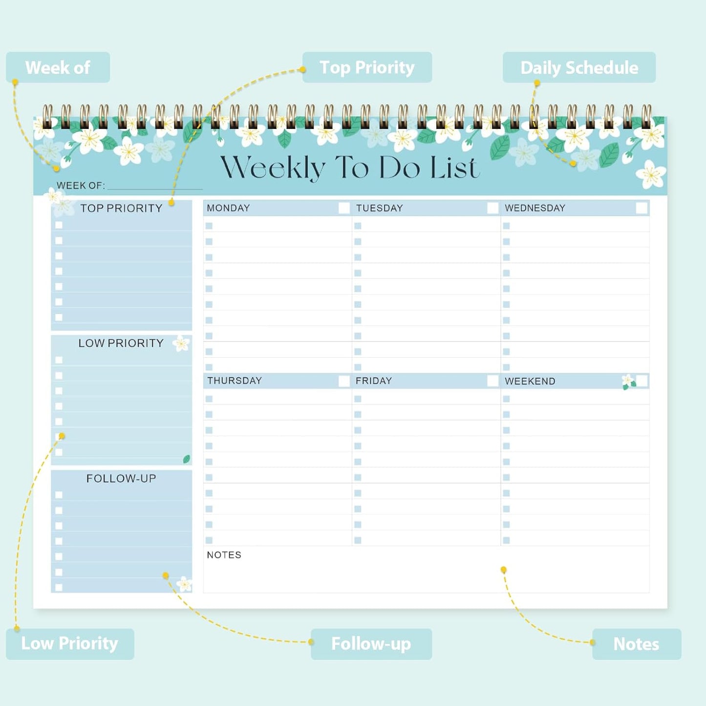 Weekly To Do List Notepad, Undated Planner with 52 Sheets (8.5''x11''), Desk Weekly Planner for Women & Man, Home School & Work