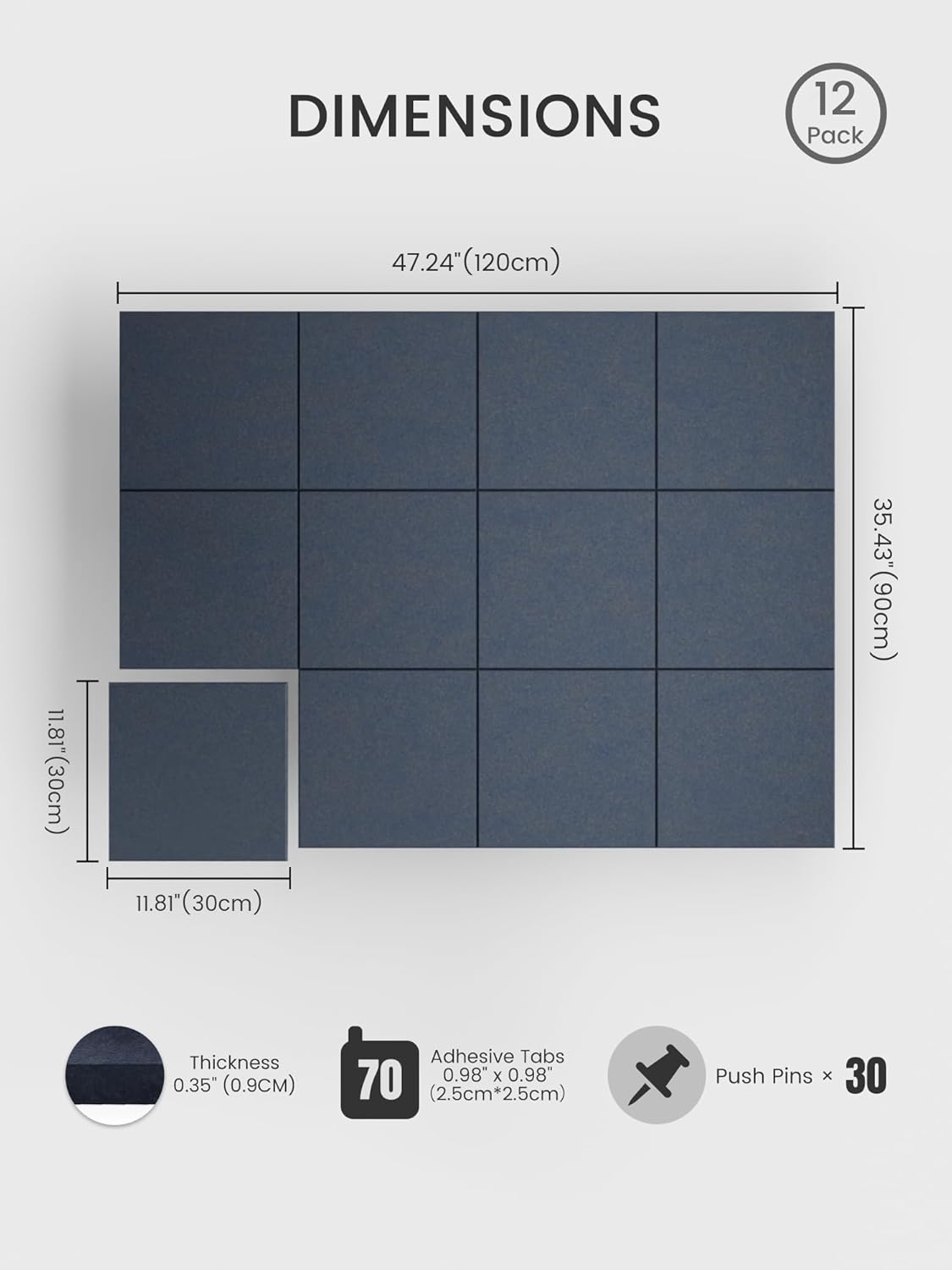 Bumusty Large Cork Board Alternative-48 x 36" Felt Bulletin Board Tiles, with 30 Pushpins, 70 Adhesive Tabs, Bold-Stripe 12-Pack, Cork Boards for Office Push Pin Board Felt Board-Carbon Blue