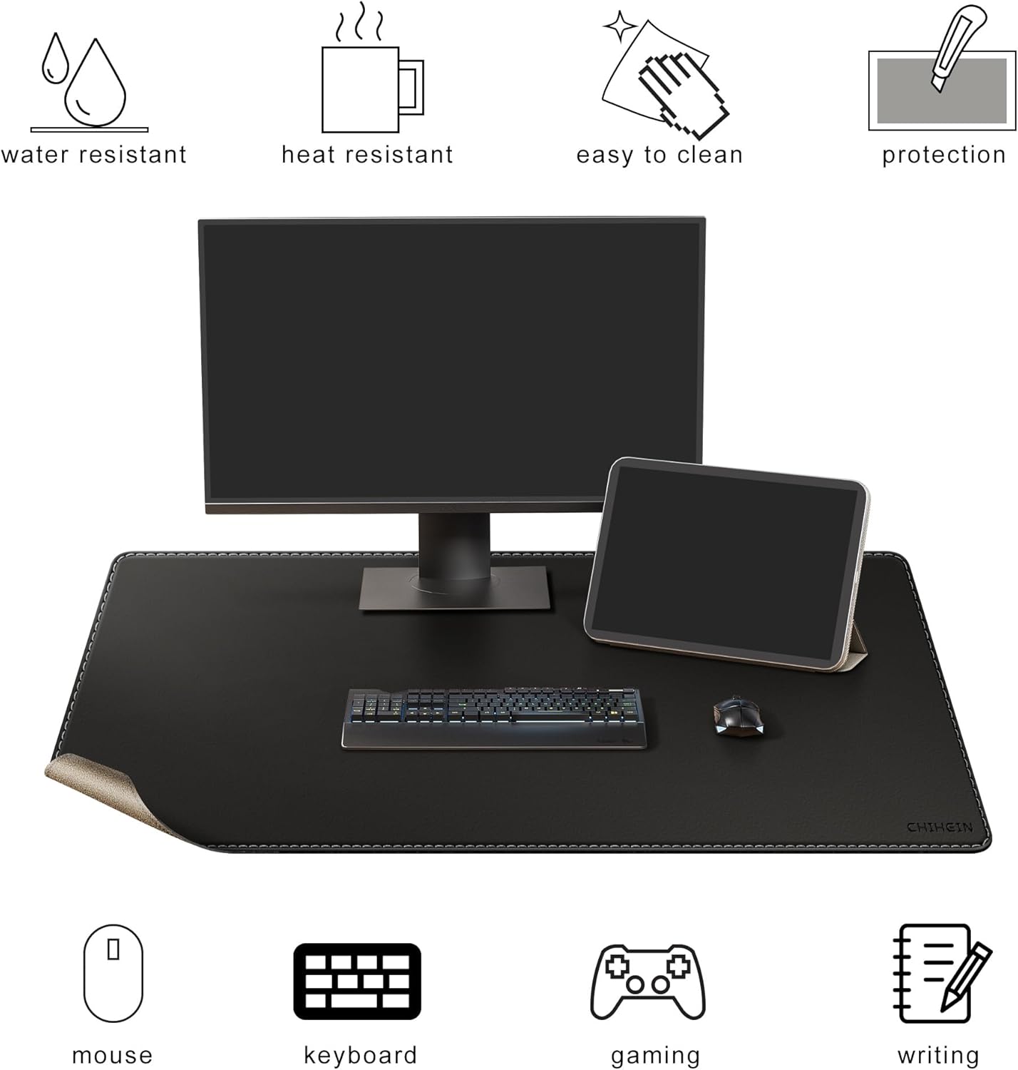 Chihein 2XL 35" x 16" Cork & PU Leather Desk Mat, Dual Sided Desk Pad Protector, Waterproof Writing Blotter for Gaming, Office, Home (Black)