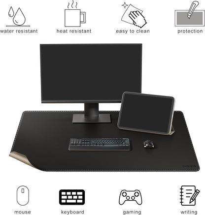 Chihein 2XL 35" x 16" Cork & PU Leather Desk Mat, Dual Sided Desk Pad Protector, Waterproof Writing Blotter for Gaming, Office, Home (Black)