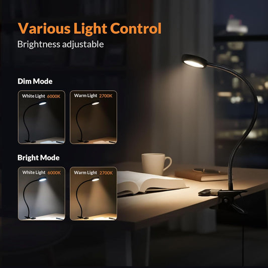 LEPOWER Clip on Light/Reading Lights/Book Light/Desk Lamp Color Changeable/Night Lights Clip on for Desk, Bed Headboard and Computers, Adapter Included (Black) Metal