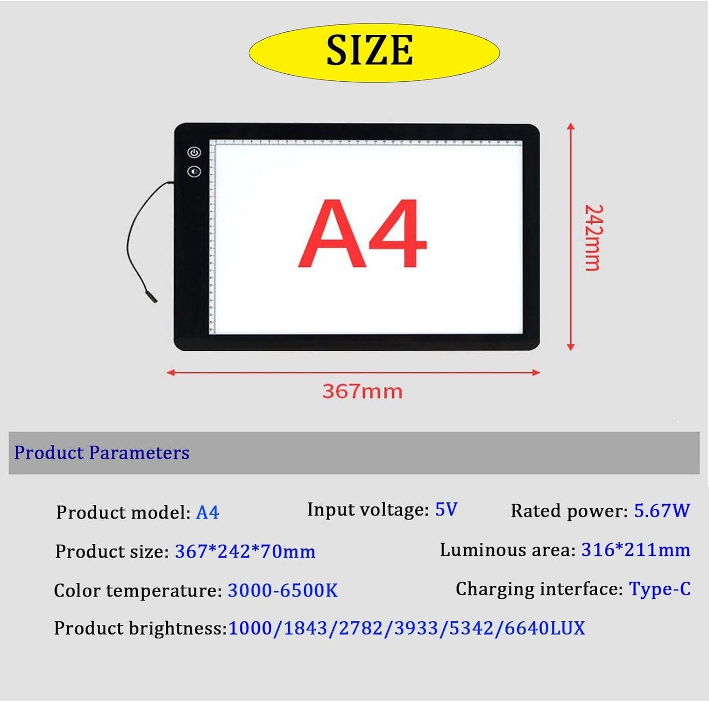 Generic Rechargeable Artist A3/A4/A2/A5 Light Table, Ultra-Thin Portable LED Light Box 3-Color Modes 6 Levels Dimming, Drawing Board Backlight for Sketching, Drawing, Tracing and Diamond Art