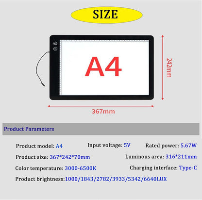 Generic Rechargeable Artist A3/A4/A2/A5 Light Table, Ultra-Thin Portable LED Light Box 3-Color Modes 6 Levels Dimming, Drawing Board Backlight for Sketching, Drawing, Tracing and Diamond Art