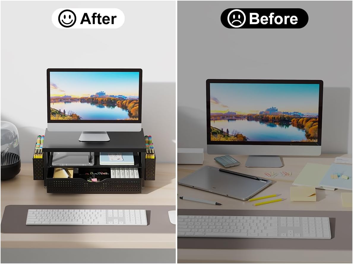 gianotter Monitor Stand Riser, Office Desk Shelf Organizer, Desk Organizer with Drawer and Pen Holder, 2-Tier Computer Stand, Office Organization (Ink)