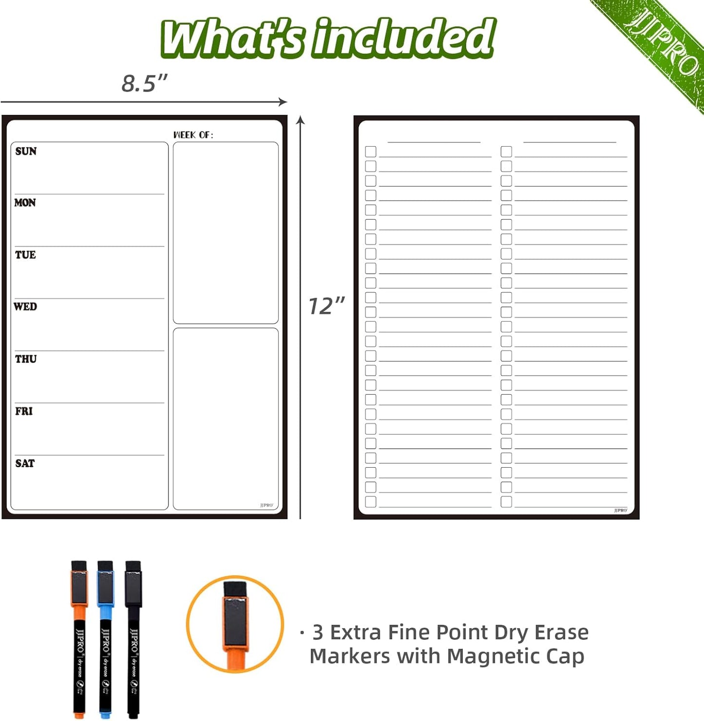 JJPRO Non-Magnetic Dry Erase Weekly Calendar for Fridge,Reusable Weekly Meal Planner and to Do List Whiteboard Bundle-Starts Monday,8.5"x12" Reusable Calendars Stick to Wall, All Smooth Surfaces