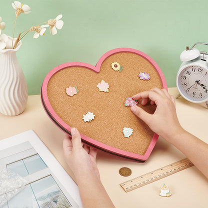 BENECREAT Pearl Pink Heart Pin Cork Board, 7.8x7.1inch Bulletin Display Board Wall Mounted Cork Board with Pink Frame for Brooch Pin Storage Display, Office Home and School Decor