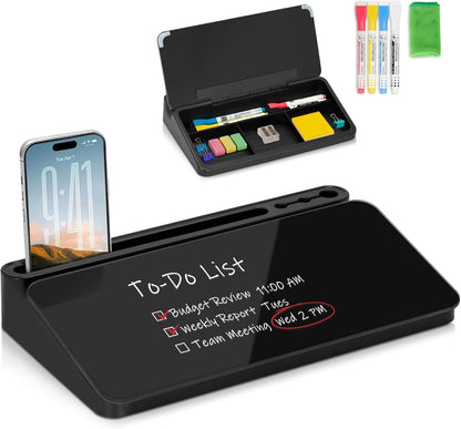 WALGLASS Small Desktop Whiteboard with Storage, Glass Desk Dry Erase White Board Computer Keyboard Stand with Drawer, Desk Organizers with Accessories for Office, Home, School Supplies White