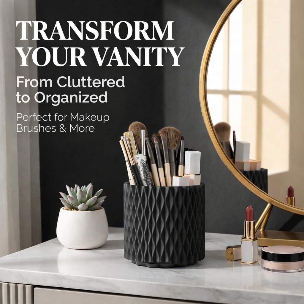 Makeup Brush Holder Organizer, 360° Rotating 5-Slot Make up Brushes Cup for Cosmetic, Lipstick, Hair Brush Holder - Spinning Vanity Countertop Caddy for Bathroom, Dorm & Office, Black
