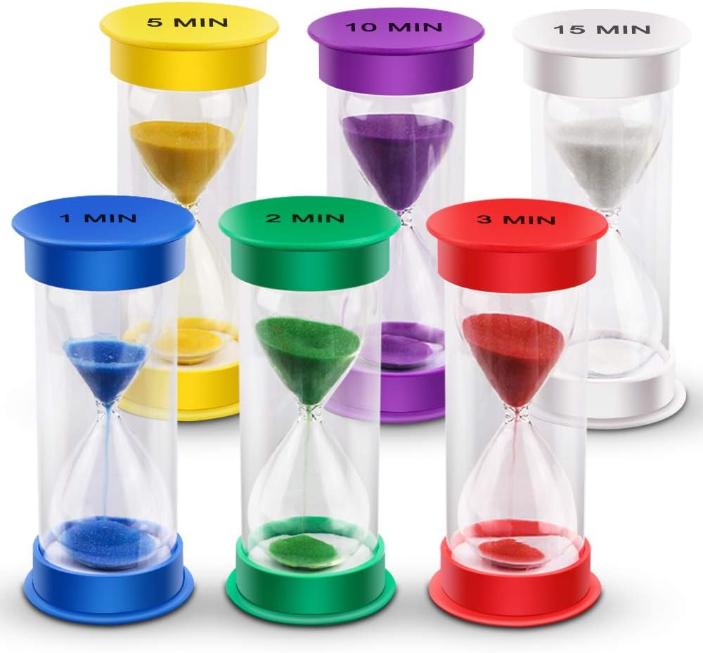 EMDMAK Sand Timer, Acrylic Hourglass Colorful Sandglass Timer 1 min/2 mins/3 mins/5 mins/10 mins/15 mins Sand Clock Timer for Games Classroom Home Office(Pack of 6)