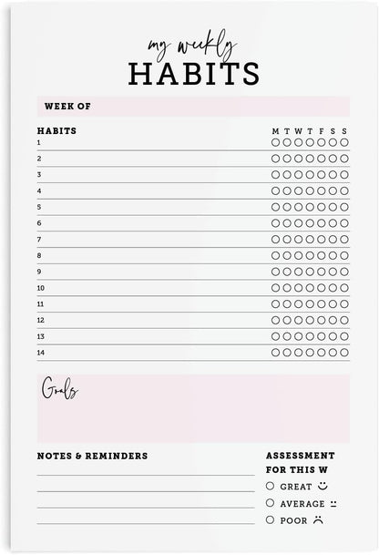 CARDAMONOLY Habit Tracker Notepad in Black and Light Pink- 50 Page Tear Off Planning Pad - 6 x 9 - High Performance Planner - Chore Chart for Adults - Weekly Planner Undated - Self Care Planner