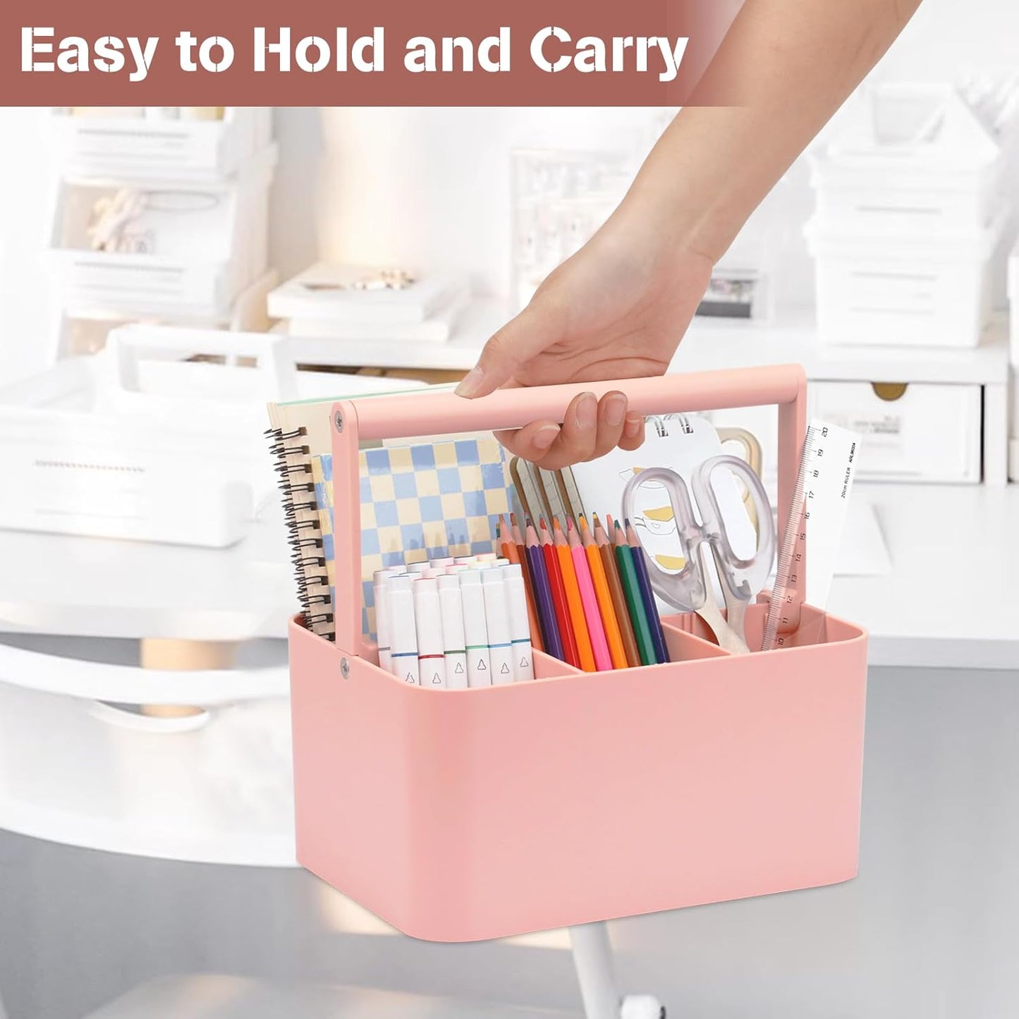 Multipurpose Caddy Organizer with Handle and Adjustable Divider, Portable Art Supply Storage Organizer for Art Craft Supplies, Dorm, Classroom, Office, Bathroom, Shower, Cleaning, Makeup (Pink)