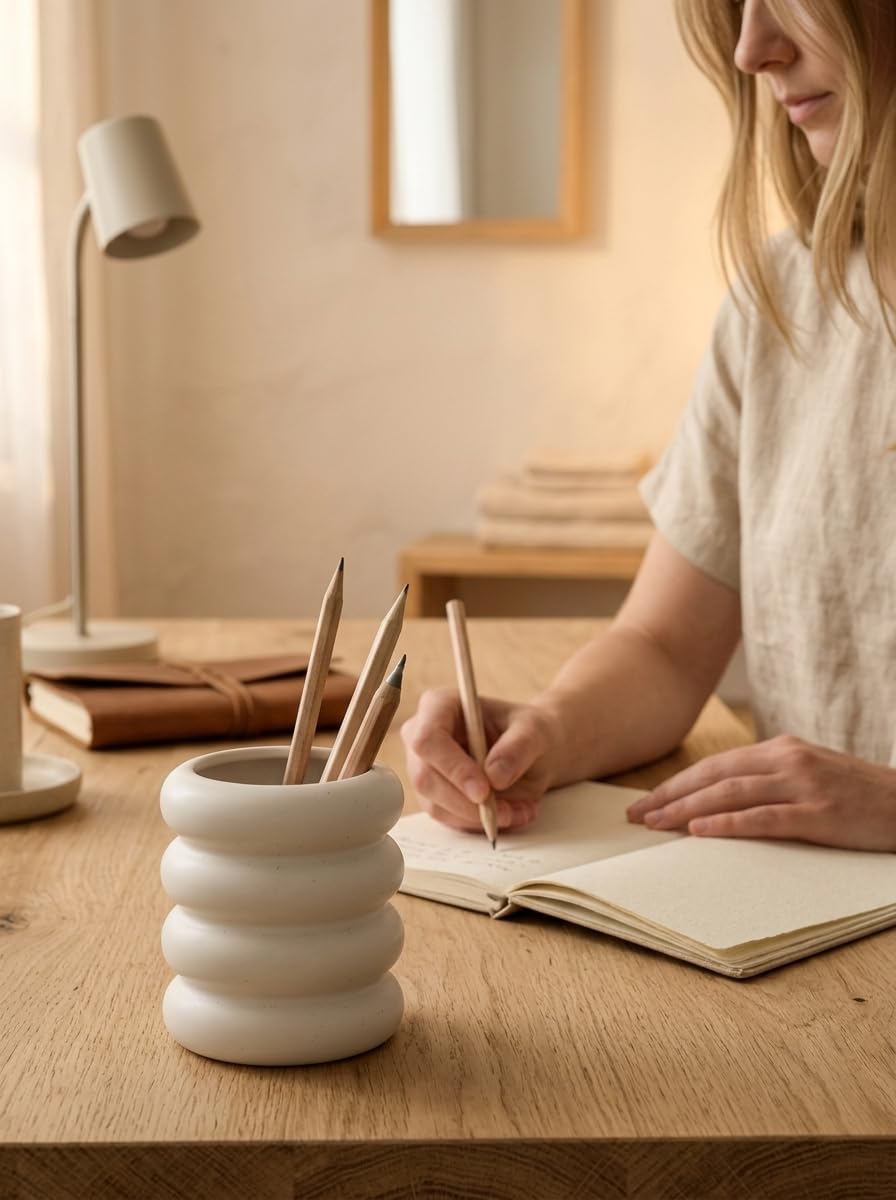WENSHUO Chubby Pen Holder, Makeup Brush Organizer, Modern and Minimalistic, Ceramic Desk Accessories (Matte Crème)