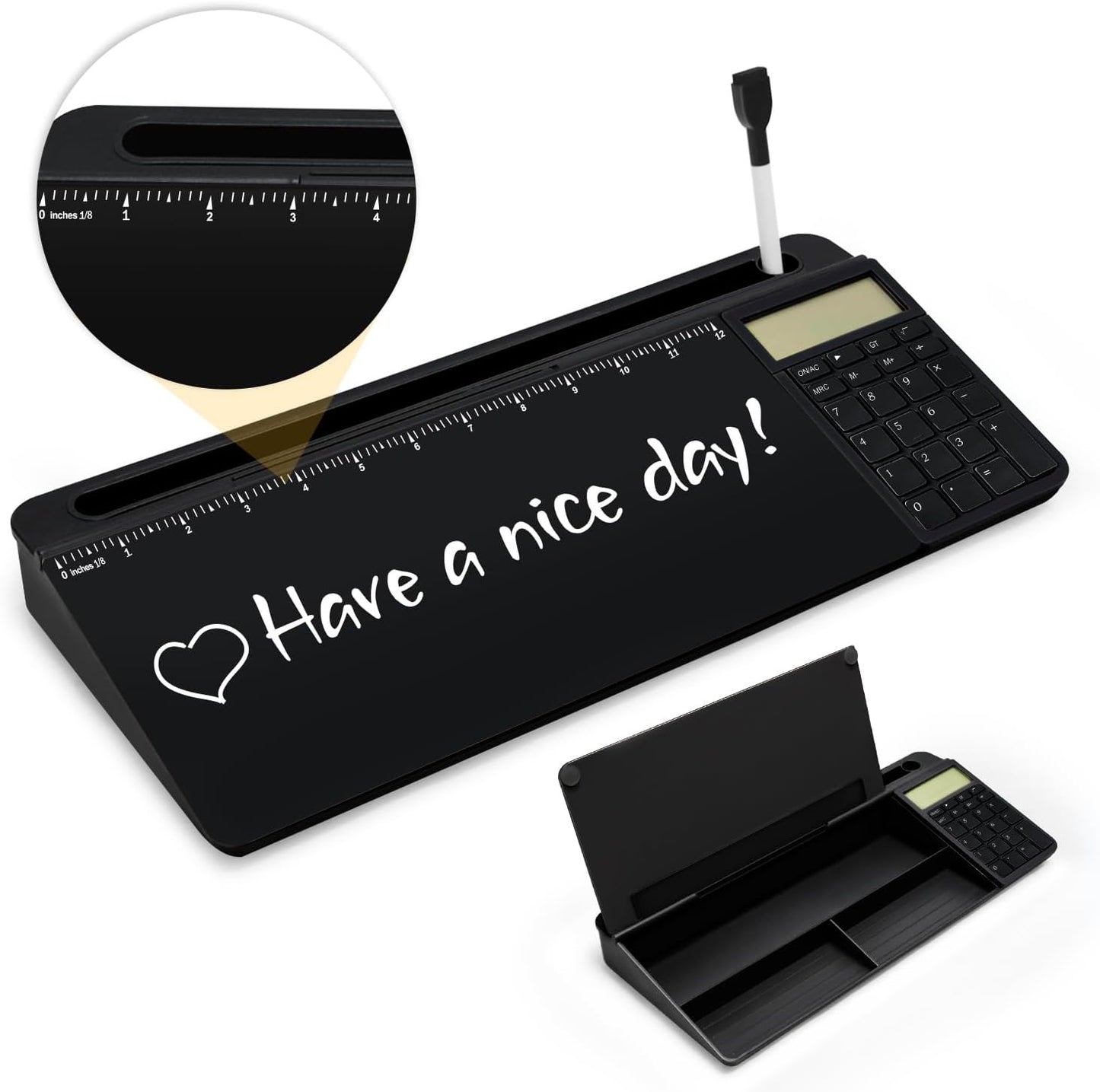 Desktop Glass Whiteboard with Mirror & Calculator(12 Digit LCD Display) & Ruler Marker,Tilted Computer Keyboard Stand with Dry Erase Board Surface, Desk Organizers with Accessories,Black