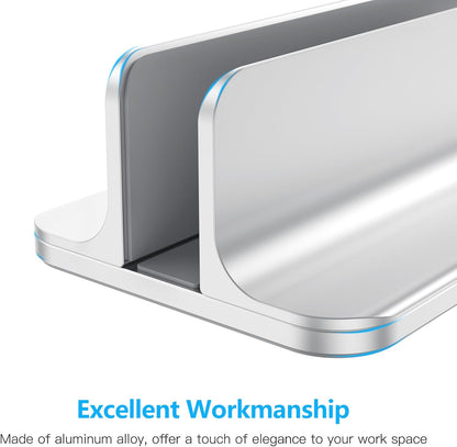 OMOTON Vertical Laptop Stand Holder, Desktop Aluminum Stand for MacBook with Adjustable Dock Size, Fits All MacBook, Surface, Chromebook and Gaming Laptops (Up to 17.3 inches), Silver