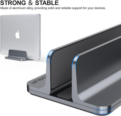 YICOSUN Dual-Slot Aluminum Vertical Laptop Stand for Desk - Adjustable Width Dock for MacBook, Surface, Samsung, HP, Dell up to 17.3 inches - Space-Saving & Protective Design - Gray