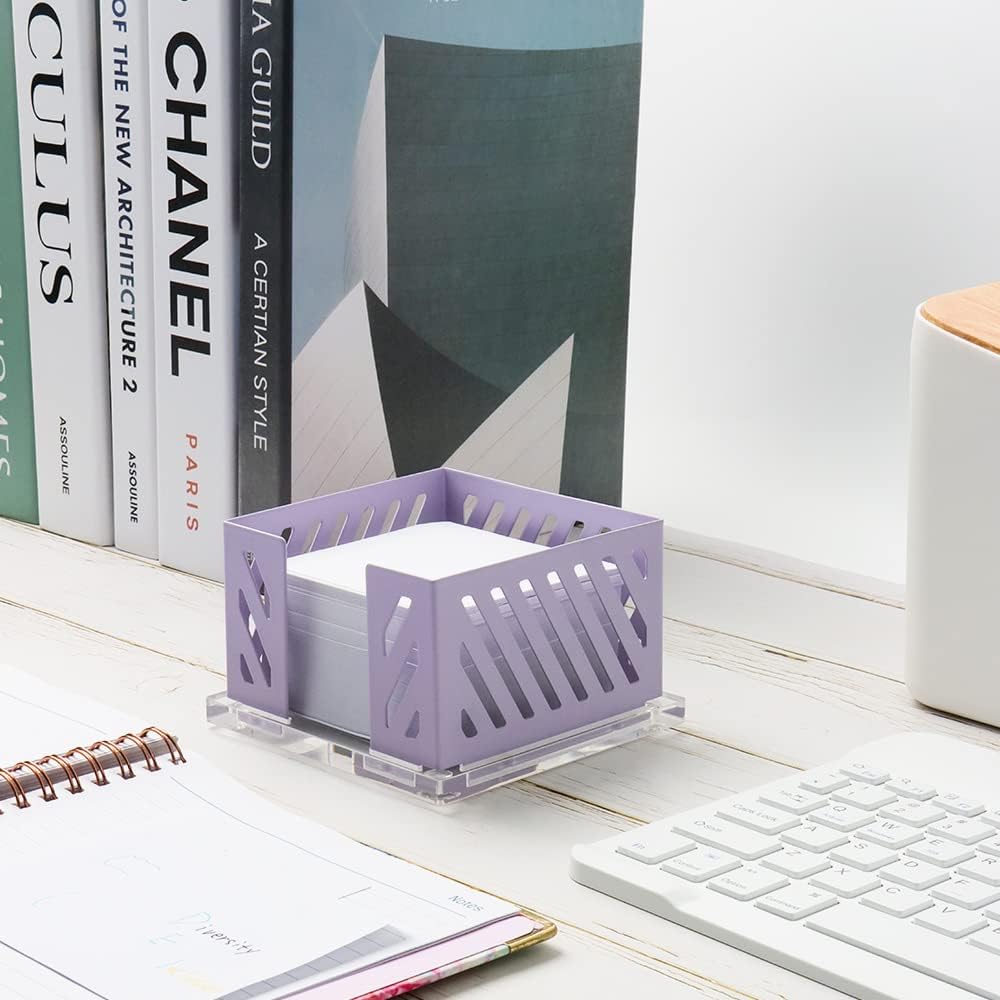 Sticky Note Holder Memo Pad Cube Dispenser 3.5 x 3.5Inch Notepad Holder Acrylic Base Purple Metal Mesh Desk Organizer for Home Office Supplies (Purple Memo Pad Holder)