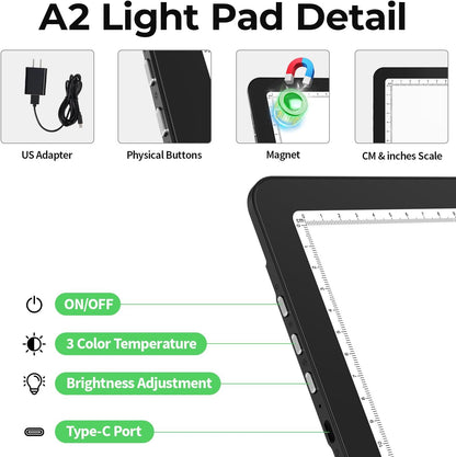 Zocelight Rechargeable A3 Light Board with Built-in Stand & Bag,Super Bright Magnetic Light Box for Tracing,Wireless Light Pad for Diamond Painting,Side Buttons,LED Light Table for Drawing,Sketching