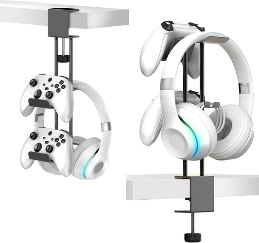Headphone Stand with Controller Holder, Aluminum Under Desk Clamp Headset and Controller Stand - 2 in 1 Headphone Hanger for Desktop PC Gaming Accessories Organizer with PS5 Xbox Series S