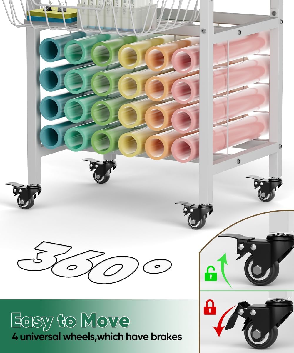 Queension Craft Cart with Wheels for Cricut Machines, Craft Organization and Storage Stand with Basket, Cutting Machine Stand for Cricut Accessories, Vinyl Roll Organizer, Black