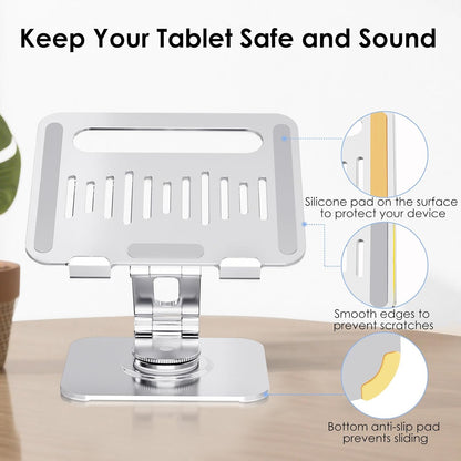 Tablet Stand for Desk, 360° Rotating iPad Stand, Aluminum Adjustable & Foldable iPad Holder, Compatible for iPad Pro Air Mini Surface Pro Samsung Galaxy Tabs Kindle, 4-12.9 inch, Silver