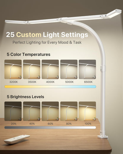ONEMIX 42" LED Desk Lamp with Clamp, Architect Desk Light with Remote, Adjustable 4-Segment Bar, 1800LM Bright, Eye-Caring Desk Lamp for Home Office, Reading, Study, Dual Monitors, Workbench(Black)