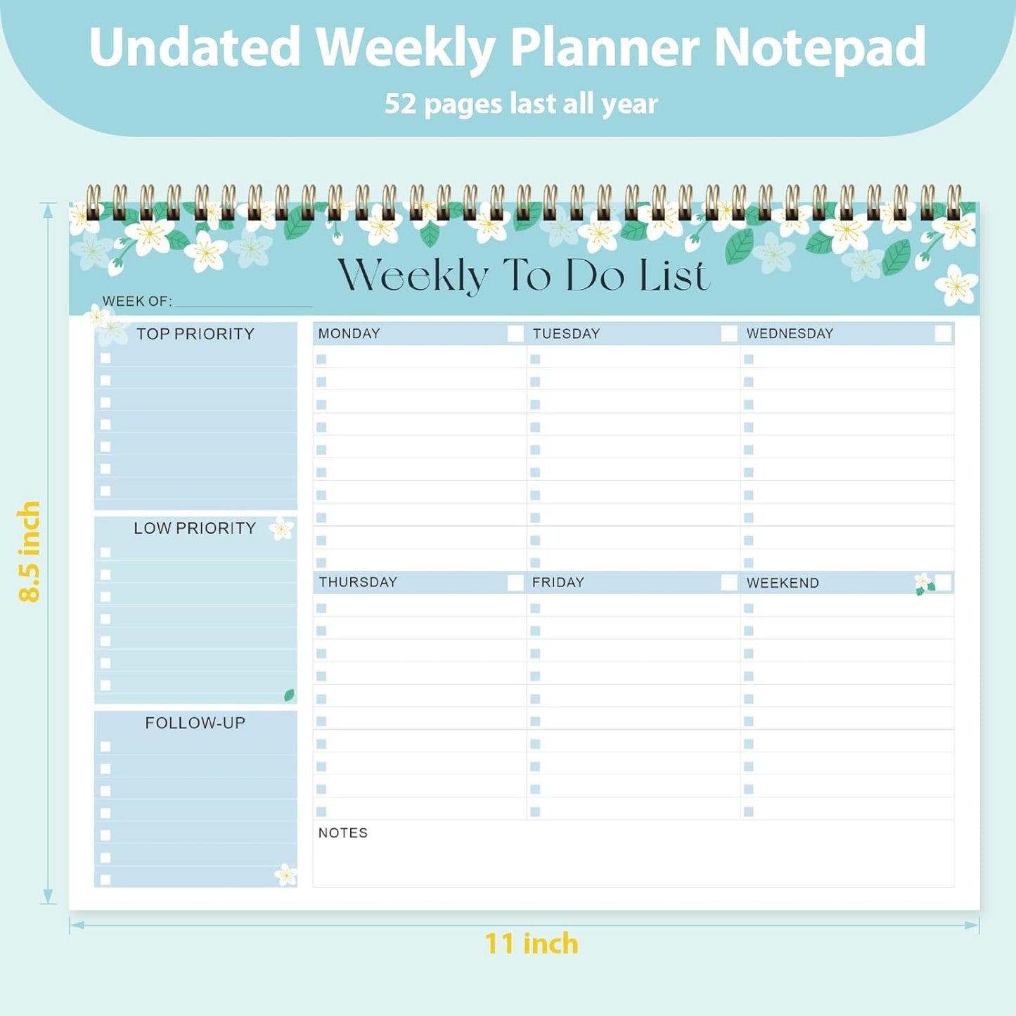 Weekly To Do List Notepad, Undated Planner with 52 Sheets (8.5''x11''), Desk Weekly Planner for Women & Man, Home School & Work