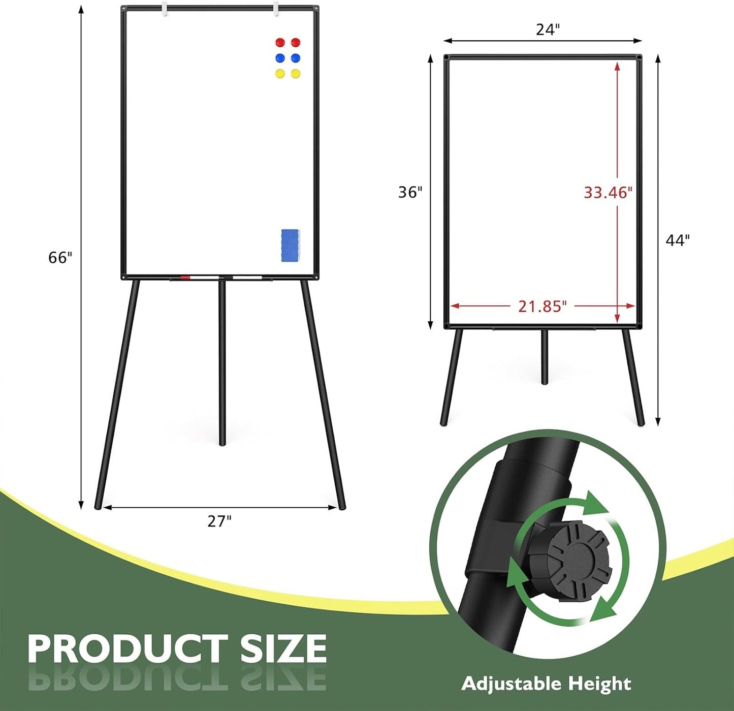 Magnetic Whiteboard Easel Stand, Dry Erase 36 x 24 White Board with Height Adjustable Tripod Stand, 3' x 2' Flipchart Easel Stand Presentation Board, 6 Magnets, 1 Eraser, 2 Pens