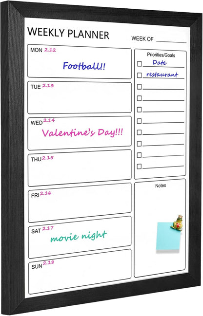 Dry Erase White Board Weekly Calendar Board, Magnetic Whiteboard for Wall,13“x17 Solid Wood Rustic Brown Framed Message Board, Planner Board for Office, Home, School(Weekly-BB-RB-3343)