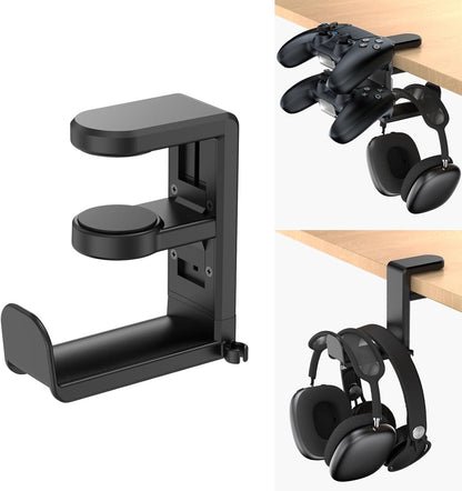 3in1 Rotating Headphone Holder - EURPMASK 3in1 PC Gaming Headset Holder w/Detachable Controller Holder, Adjustable Clamp-on Headset Stand,Headphone Hanger Hook Under Desk w/Cable Clip Organizer,Black