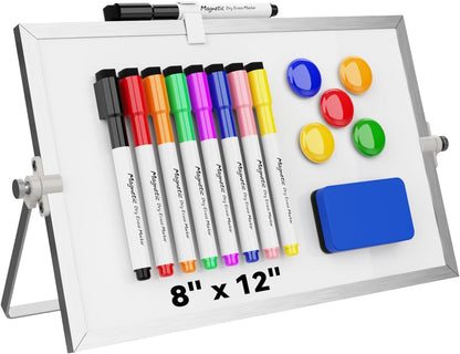 Dry Erase White Board, Cazeyoo Magnetic Desktop Whiteboard 16 x 12inch with Stand, 10 Markers, 4 Magnets and 1 Eraser, Portable Double-Sided White Board for Kids Drawing, Office, Home, School