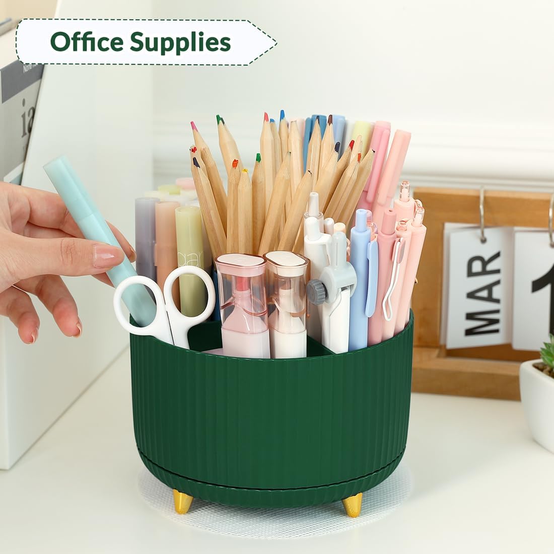 SKYDUE 360 Rotating Plastic Desk Pen Organizer with 5 Slots, Dual-Purpose Art Supply Pencil Cup for Office, School, Home