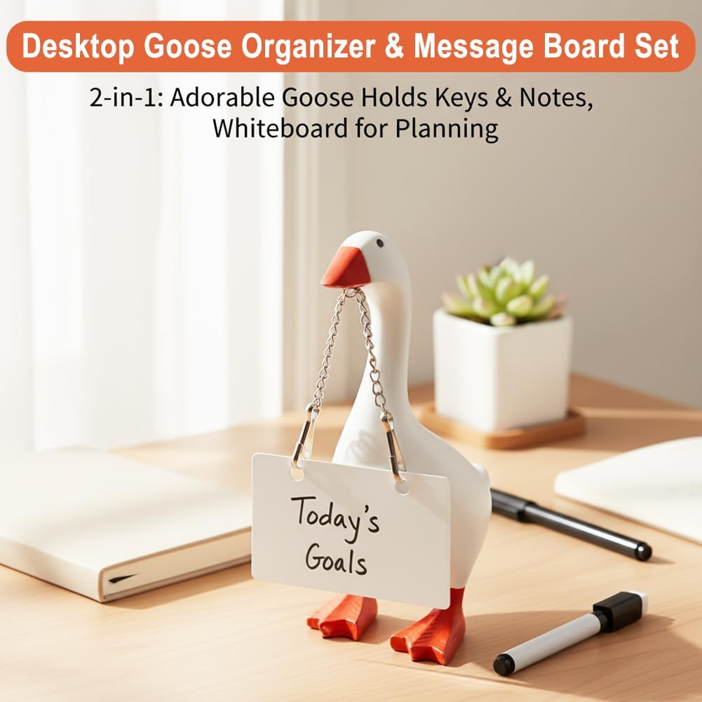 Magnetic Desktop Goose Organizer Set,7 inch Desk Decor with Acrylic Memo Board, Includes Marker Chain and Stickers, Key Holder for Office and Home Workspace