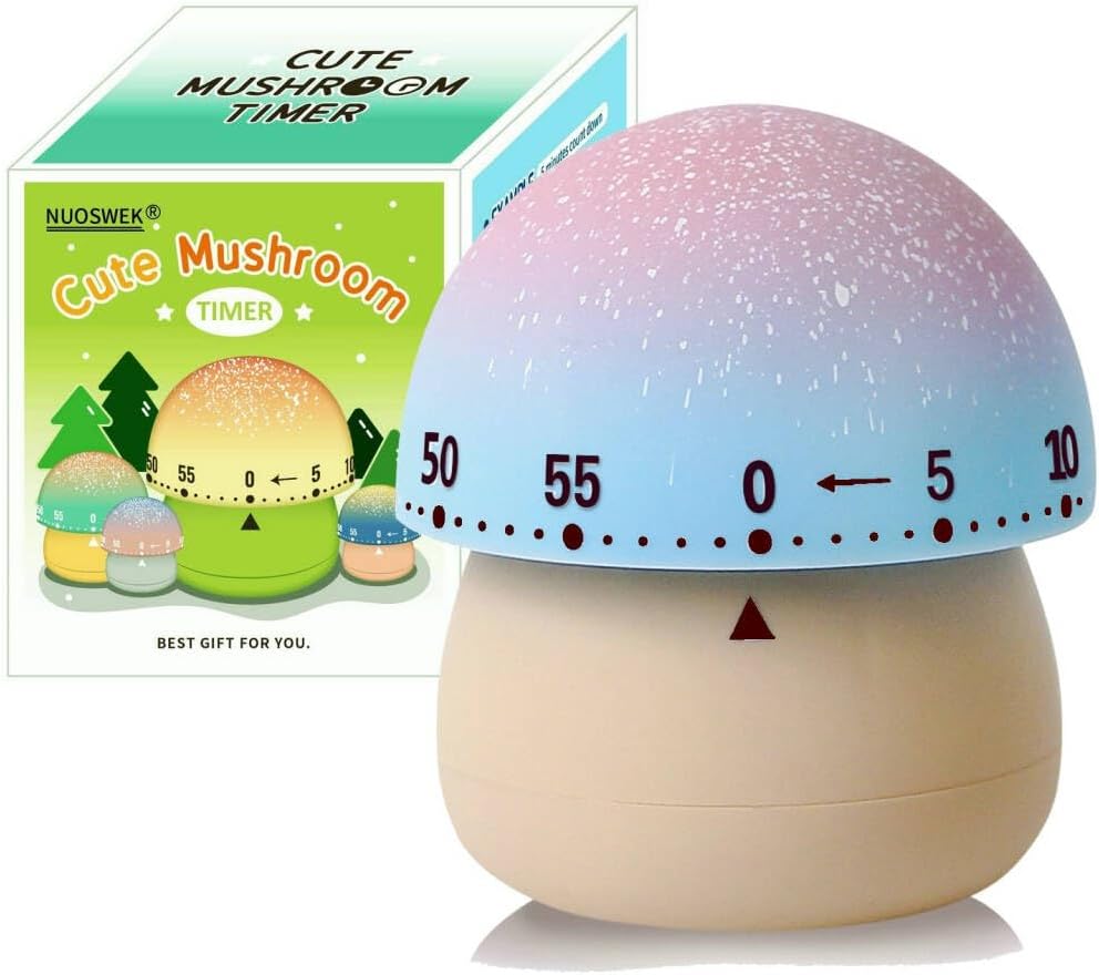 Mechanical Kitchen Timer, Cute Mushroom Timer for Kids, Wind Up 60 Minute Manual Countdown Timer for Classroom, Home, Study and Cooking (Grey Base)