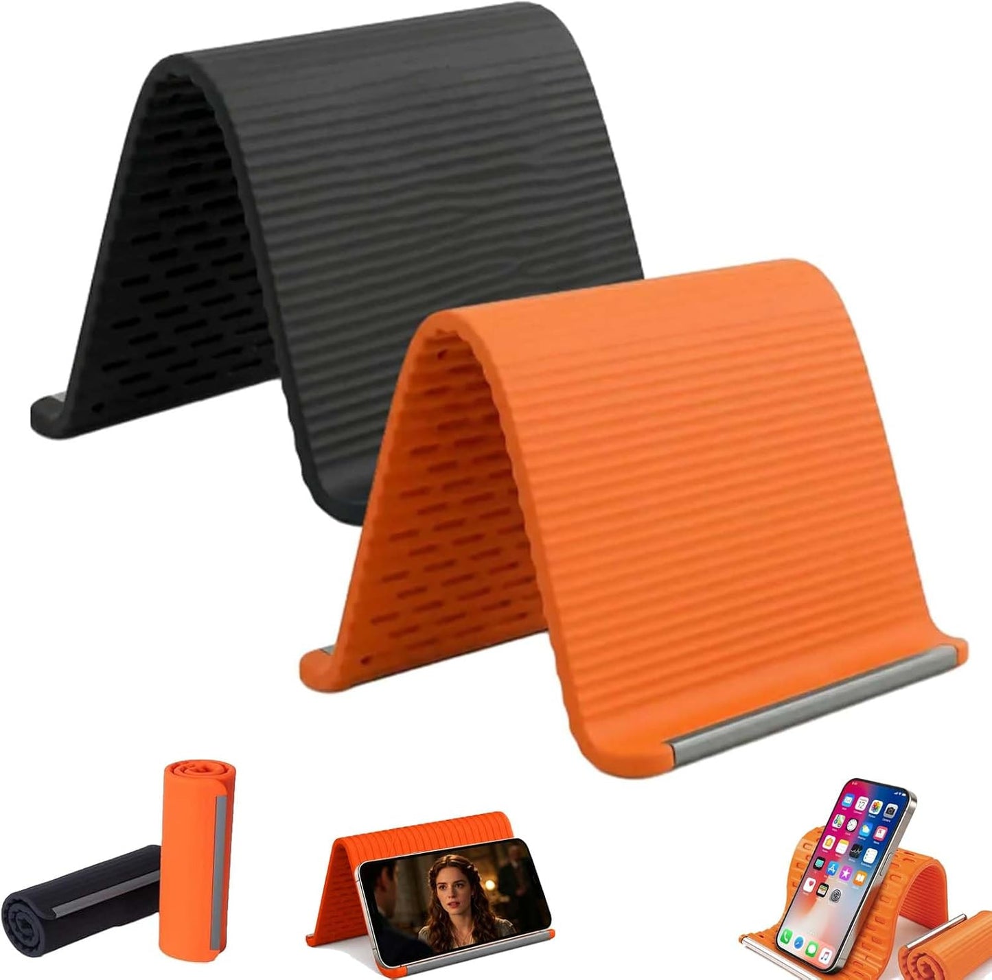 2Pcs Silicone Phone Stand with Aluminum, Flexible Foldable Phone Holder for Long Travel Accessories, Universal Adjustable Anti-Slip Desktop Mount for Phone Tablet Laptop (Orange + Black)