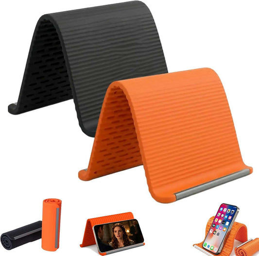 2Pcs Silicone Phone Stand with Aluminum, Flexible Foldable Phone Holder for Long Travel Accessories, Universal Adjustable Anti-Slip Desktop Mount for Phone Tablet Laptop (Orange + Black)