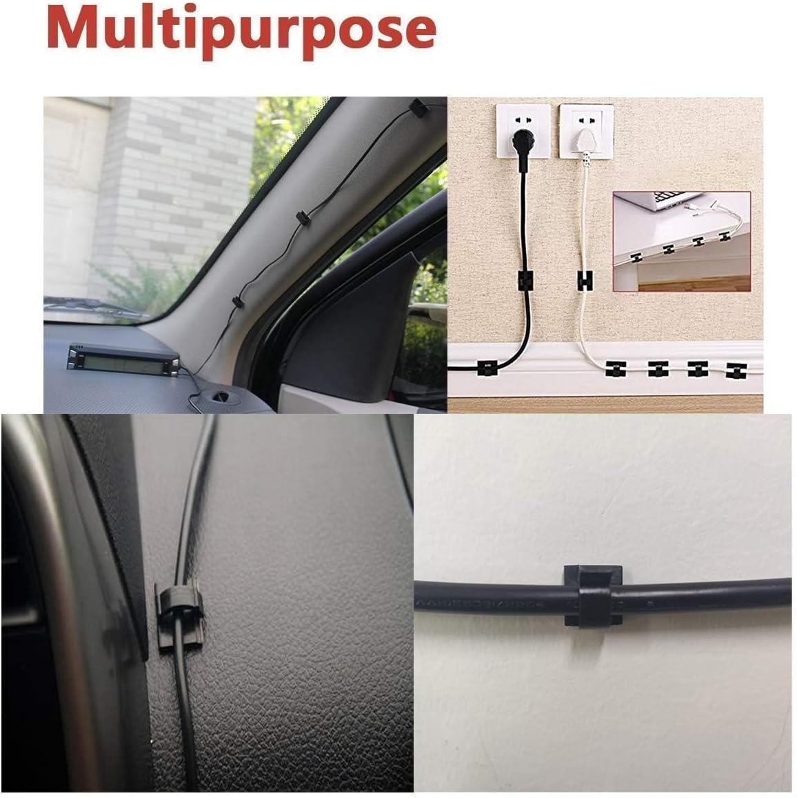 Cable Clips 40pcs with Strong Adhesive Tapes,Wire Holder Organizer Cord Management for Car, Office and Home (Black- CC05(40PCS))