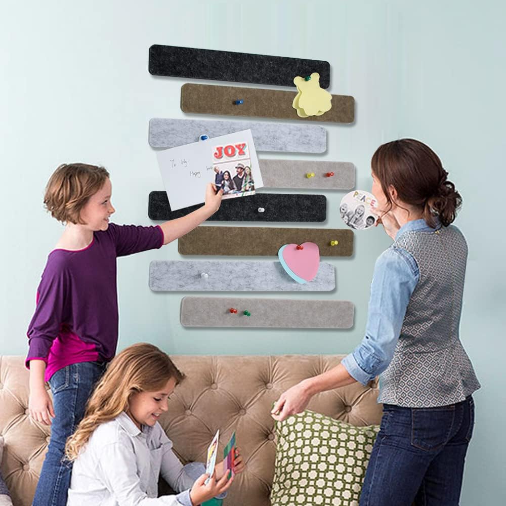 Vuzvuv 8 pcs Bulletin Board Bar Strips with 50 Pushpins & 10 Wooden Clip pins，Self Adhesive Cork Board for Wall，Felt Pin Board for School，Office Decor（Black White Grey）
