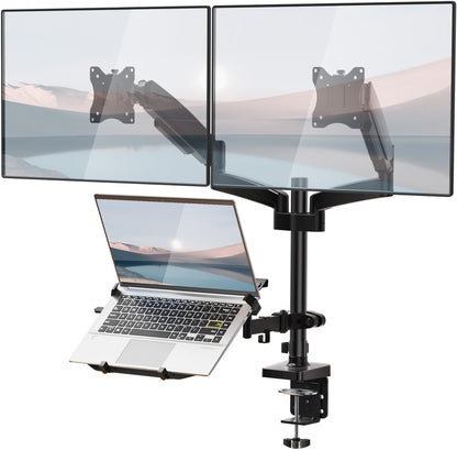 WALI Single Arm Laptop and Monitor Desk Mount for 17" Notebook and Up to 32" Screen, 2-in-1 Adjustable Monitor Arm with Laptop Tray, VESA 75x75 100x100,Holds 22-26.4 lbs, Black (GSMP001NLP)