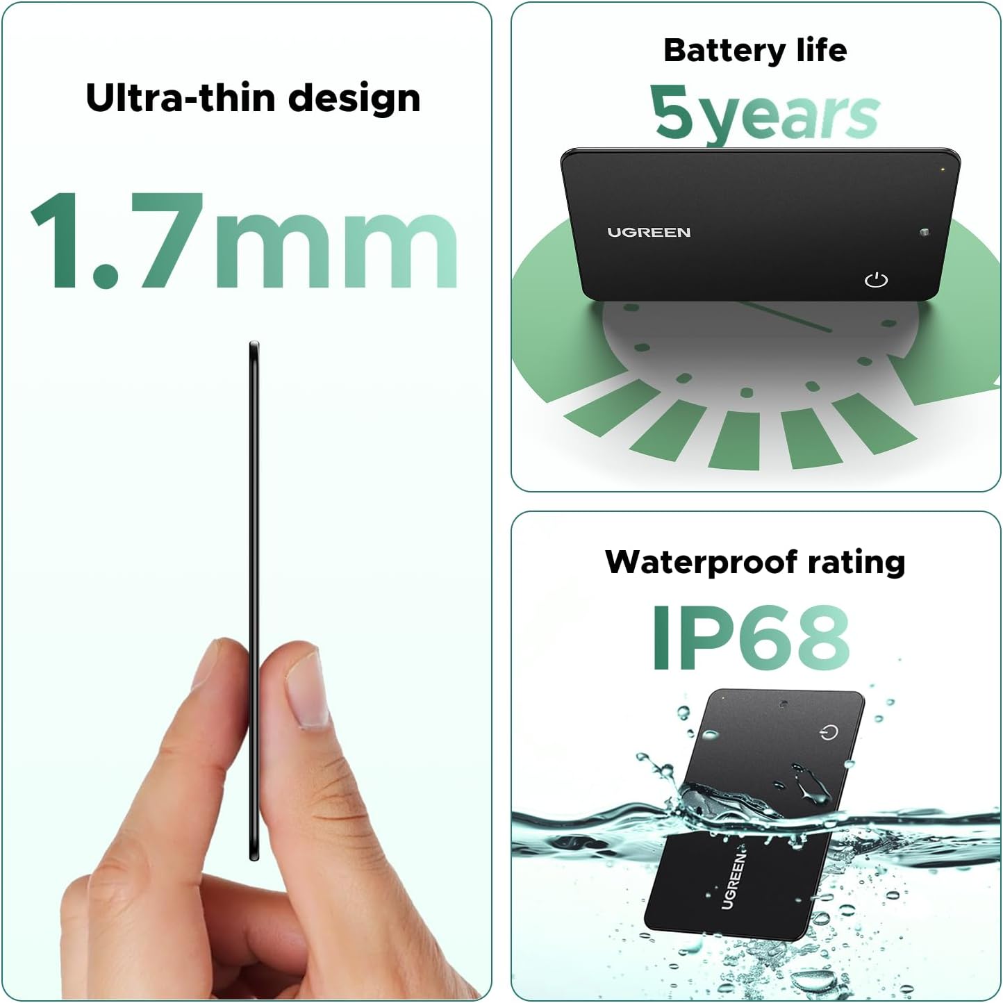 UGREEN FineTrack Slim G (Android Only) Wallet Tracker Card, 5-Year Battery Bluetooth Tracker Card Work with Find Hub App, IP68 Waterproof Smart Google Tracker Card for Wallet Luggage[Google Certified]