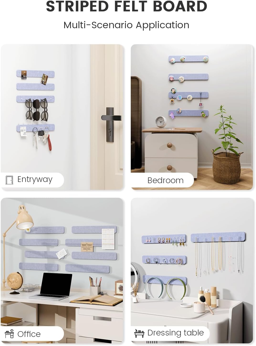Fluxynara Cork Board Alternative Felt Strip Board 8-Pack 13"x2", Office Pin Board with 50 Push Pins, Adhesive Install for Bedroom Door & Home Office(Linen Dusk)