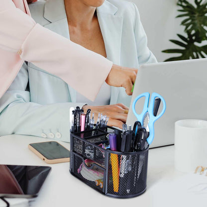 2-Piece Desk Pen & Pencil Organizer - Mesh Metal Pen Cup with Sticky Notes Holder, Black | Pen Cup