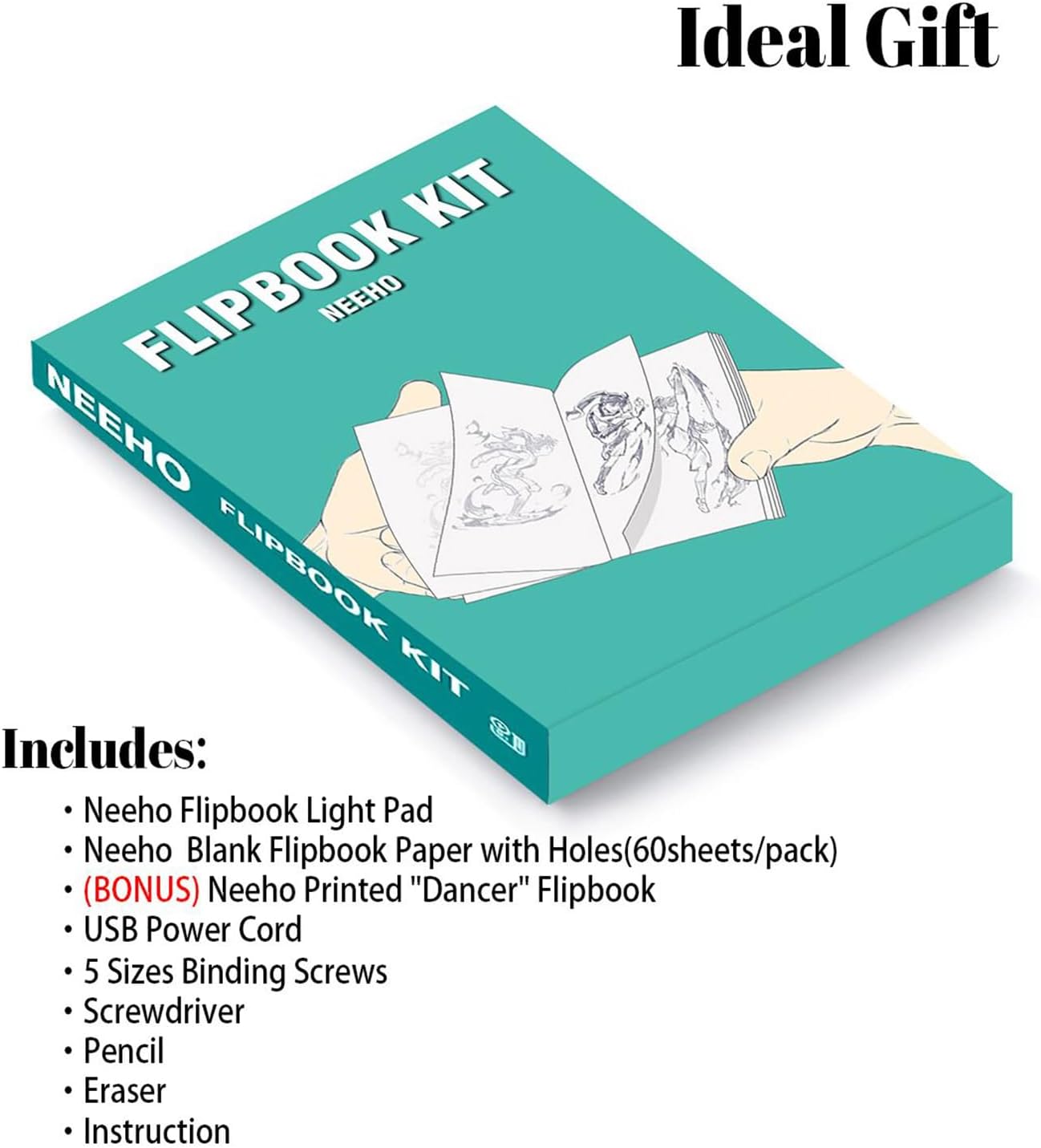 Flip Book Kit, Neeho Flipbook Kit with Light Pad for Drawing and Tracing with 300 Sheets Premium Pre-drilled Flipbook Paper, LED Lightbox for Making Animation Flipbooks with Binding Screws