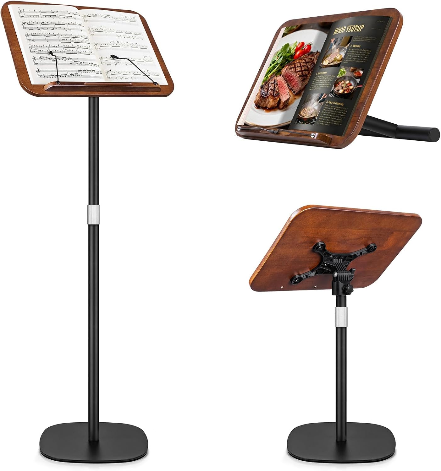 2 in 1 Dual-use Music Stand & Desktop Book Stand, Adjustable Height 16.5"-51", 100% Solid Wood Laptop Floor Stand Book Holder with Page Clips for Cookbooks, Sheet Music (Brown)