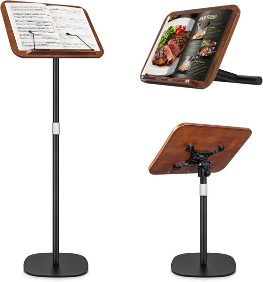 2 in 1 Dual-use Music Stand & Desktop Book Stand, Adjustable Height 16.5"-51", 100% Solid Wood Laptop Floor Stand Book Holder with Page Clips for Cookbooks, Sheet Music (Brown)