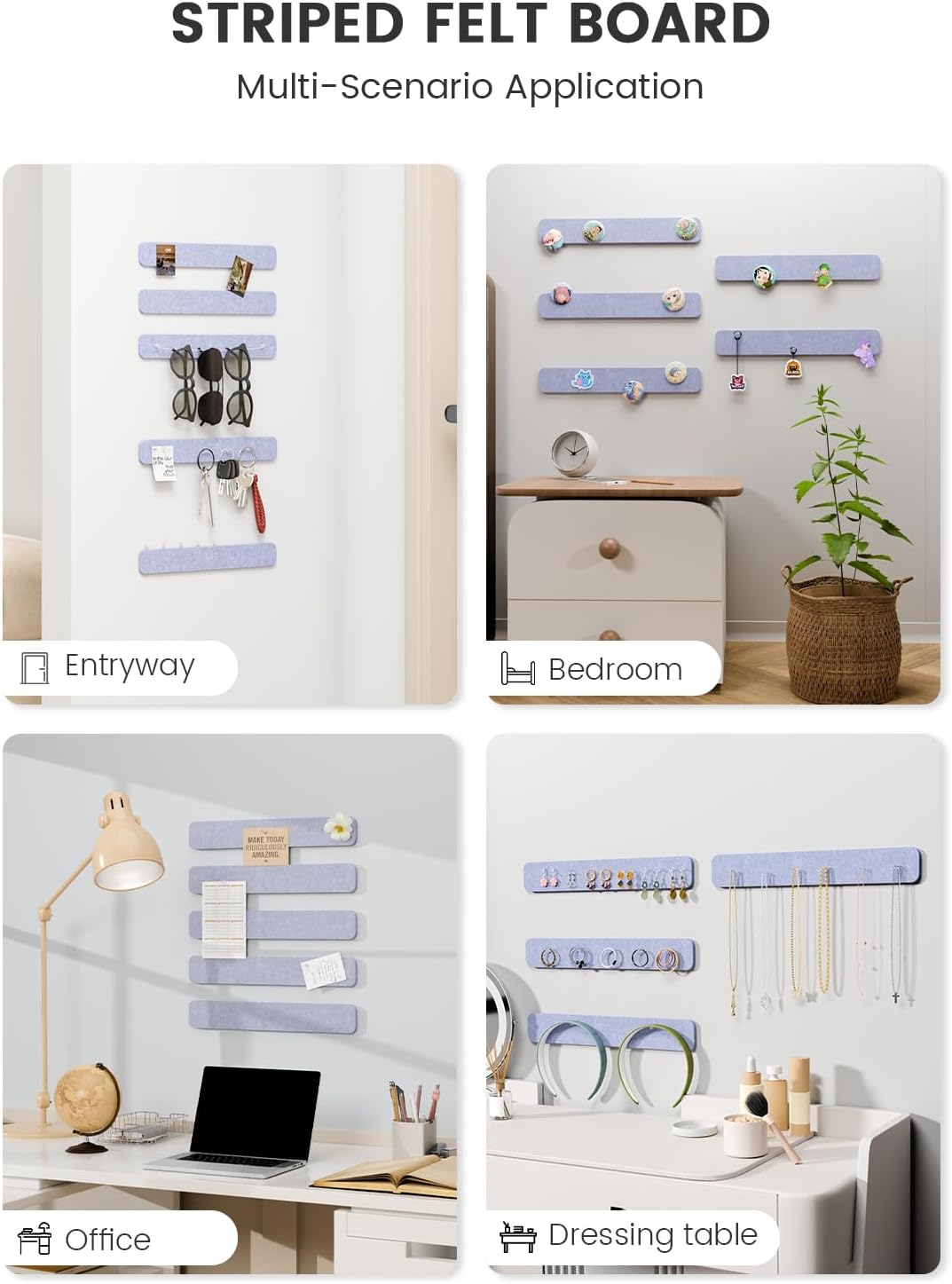 Fluxynara Cork Board Alternative Felt Strip Board 8-Pack 13"x2", Office Pin Board with 50 Push Pins, Adhesive Install for Bedroom Door & Home Office(Linen Dusk)