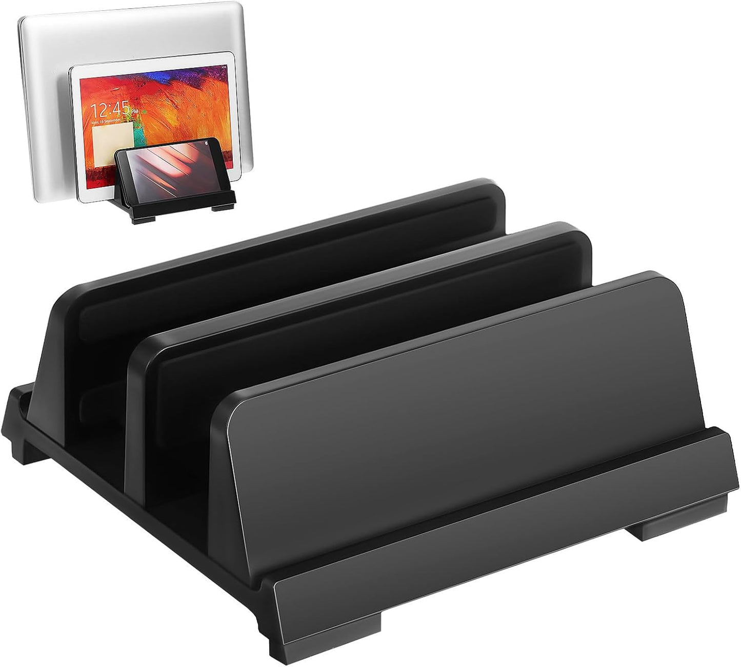 Adjustable Laptop Vertical Stand with Dual Slots Black Desktop Organizer Laptop Holder for Notebook Tablet and Phone Workspace Storage
