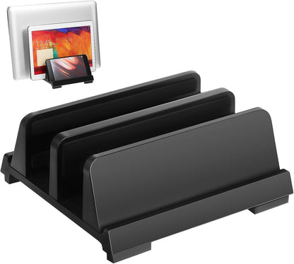 Adjustable Laptop Vertical Stand with Dual Slots Black Desktop Organizer Laptop Holder for Notebook Tablet and Phone Workspace Storage