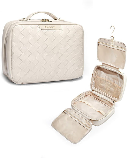 EACHY Toiletry Bag with Hanging Hook, Travel Makeup Bag PU Leather Cosmetic Bags for Women Make Up Organizer with 4 Compartments Waterproof Full-Size Portable Travel Essentials (Beige)