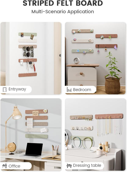 Fluxynara Cork Board Alternative Felt Strip Board 8-Pack 13"x2", Office Pin Board with 50 Push Pins, Adhesive Install for Bedroom Door & Home Office(Linen Dusk)